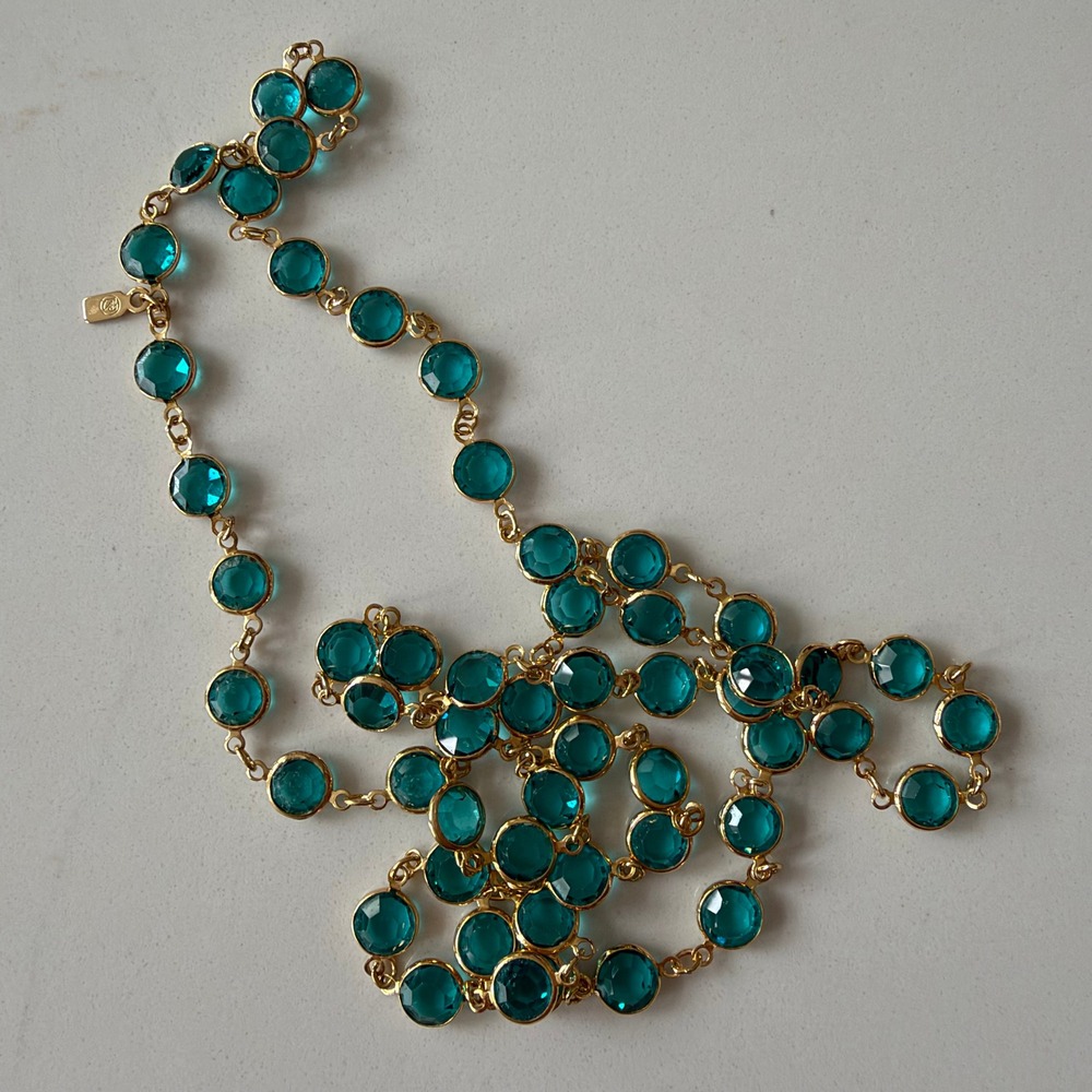 Swarovski Gold Tone Teal Blue Crystal Station Long Necklace Swan Logo 36 Inch